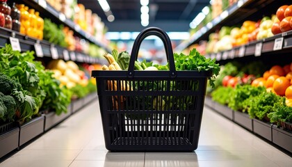 Supermarket aisle view with a black shopping basket filled with fresh vegetables