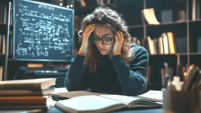 Student wearing glasses sits at her desk clutching her head and looking upset as she prepares for an exam. In the background are books on shelves and a board filled with complex equations and symbols.