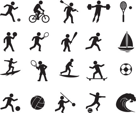 Collection of diverse stick figure athletes engaged in various sports activities silhouette icon