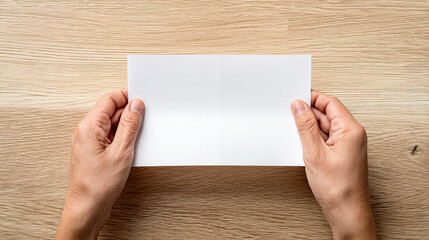 Obraz premium A pair of hands holding a blank white sheet of paper with neat edges and a smooth surface on a wooden table with natural wood grain patterns. This blank paper is suitable for writing, drawing or print