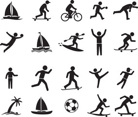 Collection of diverse stick figure athletes engaged in various sports activities silhouette icon