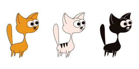 Set cute cat isolated transparent. Vector illustration of black red stripped cat template design. Ideal nursery art, kids sticker t-shirt print children fabric clothes decor. EPS 10