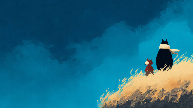 Stylized illustration of two fantasy creatures resting on grassy hill under gradient blue sky, with painterly brushstrokes. Serene companionship theme for storybooks, wellness apps, or decorative prin