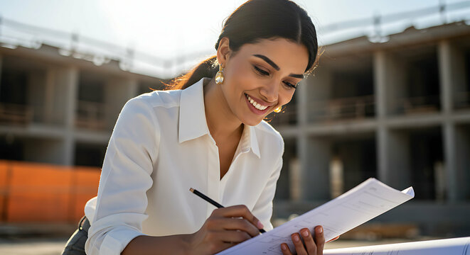Confident female architect reviewing construction plans on site with a smile - Powered by Adobe