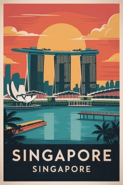 Vintage Travel Poster of Marina Bay Sands and Skyline, Singapore

