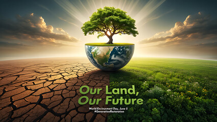 World environment day with cracked soil and green field landscape