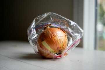 A photograph of a single organic yellow onion nestled inside a clear plastic bag