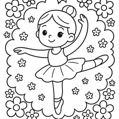 Fototapeta premium Adorable Ballerina Girl in a Black and White Drawing with Flowers