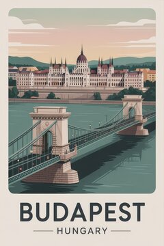 Vintage Travel Poster of Budapest Parliament and Chain Bridge, Hungary

