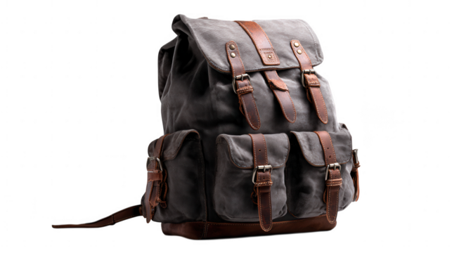 Grey canvas backpack isolated on transparent background