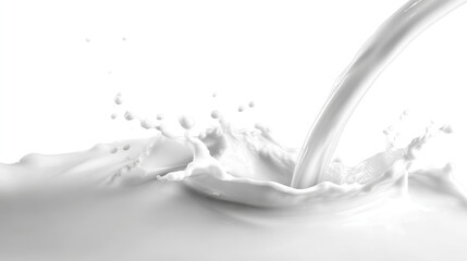 White Milk Poured into a Container, Forming a Beautiful Curve as It Flows and Creating Small Bubbles and Droplets upon Splashing. Against a Pure White Background, the Milk's Flow Stands Out, Evoking a