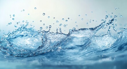 Clear blue water splash with dynamic wave and droplets on light aqua background.