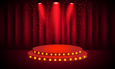 podium with red curtain backdrop, perfect for stage events, award shows, product displays, and dramatic presentations with a classic theatrical vibe.