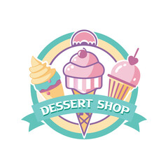Pastel Ice Cream and Dessert Shop Logo Design Vector, Sweet Treat Emblem for Bakery, Café, Frozen Yogurt Branding