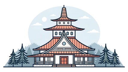 Serene Pagoda Illustration Japanese Temple Line Art Design