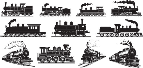 Simple and stylized black silhouette illustration of an old steam train