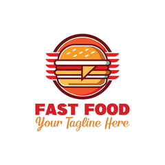 Fast Food Logo with Burger and Speed Lines, Express Delivery Icon, Modern Junk Food Branding Design, Speedy Snack Restaurant Emblem
