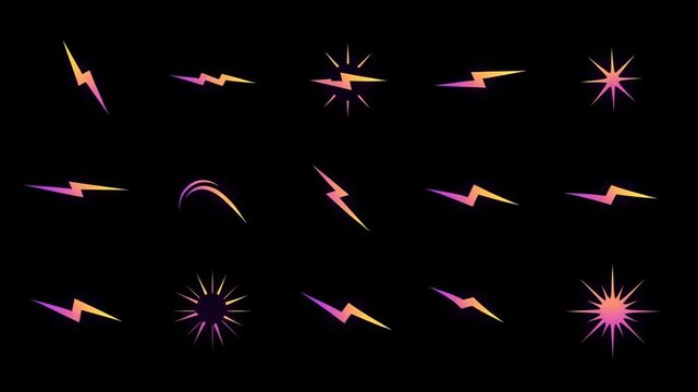 A collection of colorful lightning bolt icons on a black background. Various styles and shapes are represented, showcasing vibrant colors and dynamic designs.