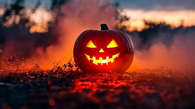 Illuminated jack-o'-lantern pumpkin glowing with light and smoke on a halloween night festival. Dark ominous atmosphere. Footage.
