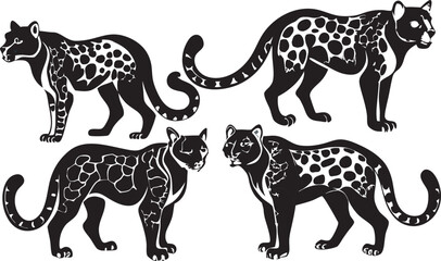 A collection of stylized leopard illustrations, showcasing the animal's distinct spots and powerful presence in dynamic poses.