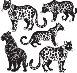 A collection of stylized leopard illustrations, showcasing the animal's distinct spots and powerful presence in dynamic poses.