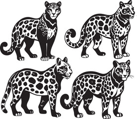 A collection of stylized leopard illustrations, showcasing the animal's distinct spots and powerful presence in dynamic poses.
