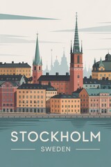 Fototapeta premium Vintage Travel Poster of Stockholm Old Town and Riddarholmen Church, Sweden
