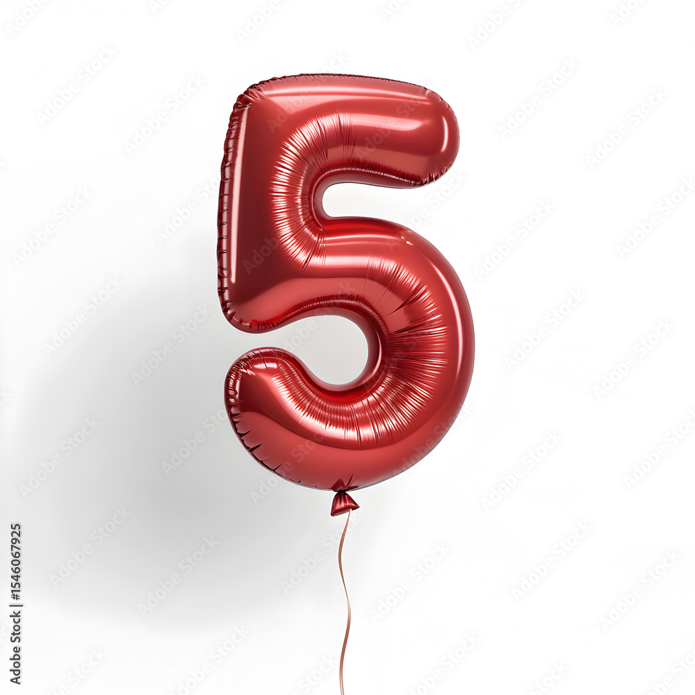 Fototapete a balloon shaped like the number 5,glossy red metallic finish with realistic reflections and smooth 