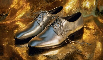 Metallic silver formal shoes, subtly laced, rest on a shimmering gold backdrop; elegant and luxurious
