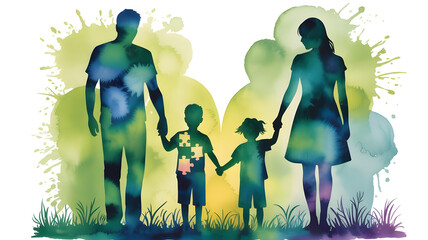 Watercolor illustration of neurodiverse family with children in puzzle clothes holding hands