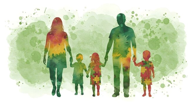 Watercolor illustration of neurodiverse family with children in puzzle clothes holding hands - Powered by Adobe