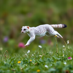 A quicksilver stoat bounding across a meadow