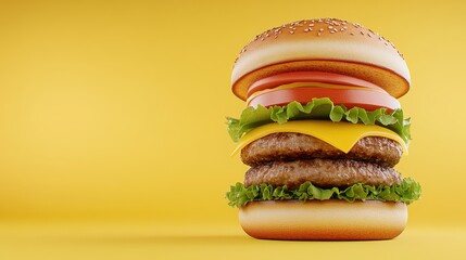 Double Cheeseburger on Yellow Background  Digital 3D Render of a Juicy Burger