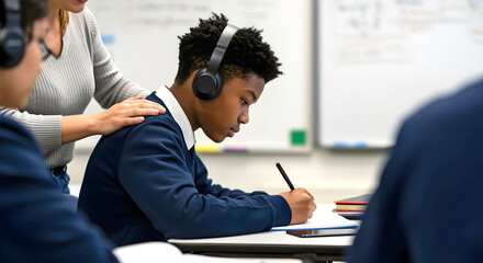 Teenage autistic student with headphones receiving support in inclusive classroom for neurodivergent learners