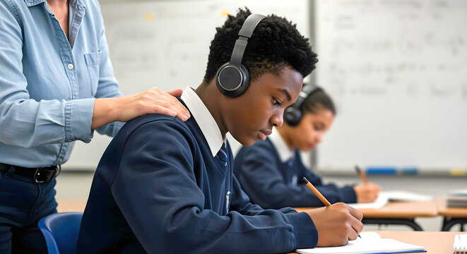 Hyper focused neurodivergent autistic student with headphones writing in classroom with inclusive support - Powered by Adobe
