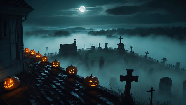 AI-generated image. Spooky graveyard with glowing jack-o'-lanterns under a full moon at night. atmosphere Halloween