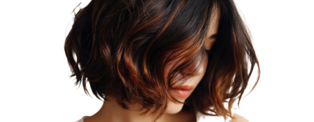 Soft Bounce Bob Style, Cowboy copper highlights black hair tucked under bob, cowboy copper highlights soft bounce bob on white, cowboy copper highlights black hair bob style backdrop