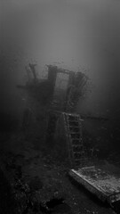 Underwater photography of the main cabin at the united states military shipwreck HTMS Prab Wreck....