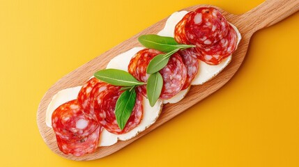 Salami Slices and Mozzarella Cheese on Wooden Board Overhead Shot with Yellow Backdrop