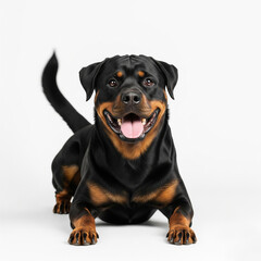 Fototapeta premium black labrador puppy. portrait of a black dog on white background. Cute smiling Rottweiler dog looking happy isolated on white background.
