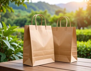 Two Brown Paper Shopping Bags on a Wooden Table with Greenery Backdrop