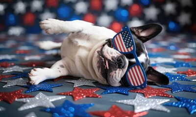 Obraz premium Cute french bulldog puppy wearing patriotic sunglasses