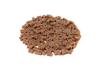 Mini bone-shaped pet food, small dogs crunchy treats, flavored brown dry kibble, canine food