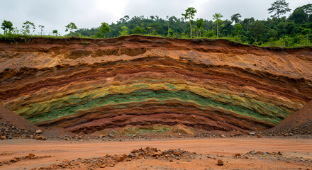 A geological cross-section of an exposed laterite nickel deposit, revealing colorful layers of reddish soil and green rock.