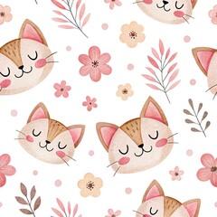 seamless watercolor pattern cats on white background	
