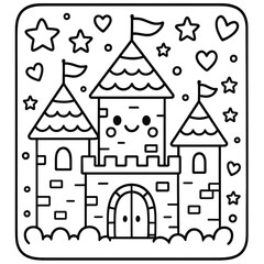 Fototapeta premium Cute Cartoon Castle Line Art Illustration