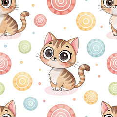 seamless watercolor pattern orange cat on white background	
