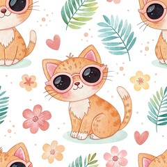 seamless watercolor pattern cats Wear glasses on white background	
