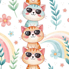 seamless watercolor pattern cats Wear glasses on white background	
