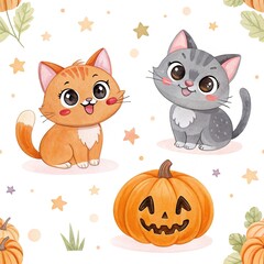 seamless watercolor pattern cats with pumpkin on white background	

